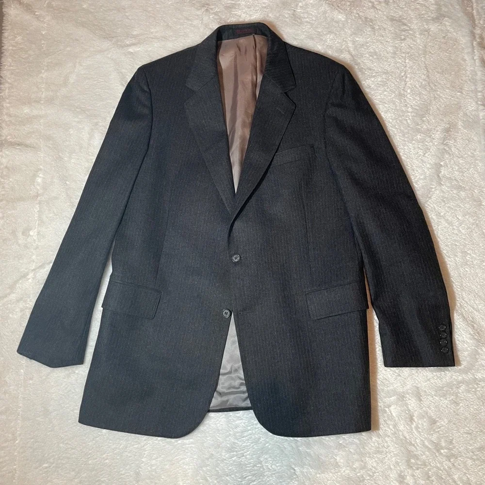 VTG English Manor 43L Blazer 100 Pure Wool Pinstripe Charcoal Gray Dark Academia
